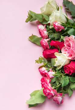 Pink roses and eucalyptus framing pastel background