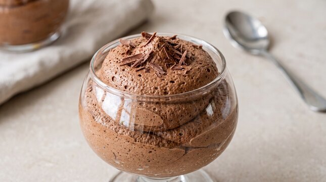 Creamy chocolate mousse dessert served inside a clear glass cup with chocolate shavings