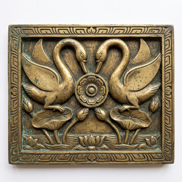 Antique Brass Serpent Temple Relief with Central Floral Medallion and Curved Forms