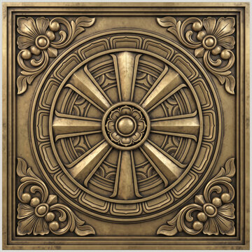 Antique Brass Radial Wheel Temple Relief with Concentric Geometric Rings