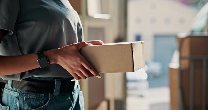 Hands, people and giving box for courier, parcel exchange and online order for shipment handoff. Driver, customer and logistics with package for delivery, dispatch handover and shipping for ecommerce