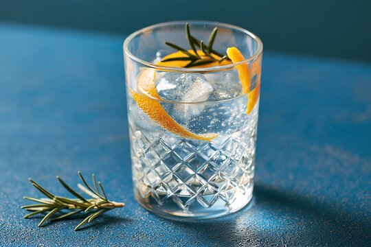Clear Gin Cocktail with Ice, Rosemary, and Orange Zest Garnish on Blue Textured Surface
