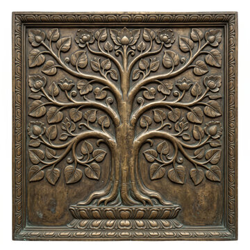 Aged Bronze Sacred Tree Temple Relief with Symmetrical Branches and Foliage