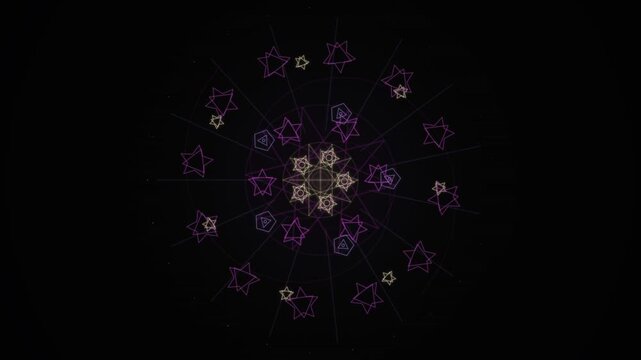 Purple neon star loop design spiraling outwards on a dark canvas