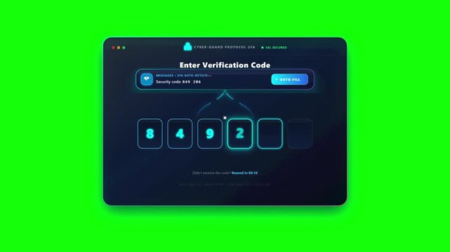 Digital verification security process interface featuring a four-digit numerical input code sequence for secure user account authentication