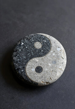 Balance and harmony concept, yin yang symbol carved from natural stone with textured granite and marble surface on a dark minimalist background