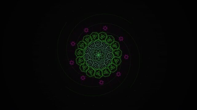 Rotating abstract geometric mandala pattern loops smoothly on dark backdrop