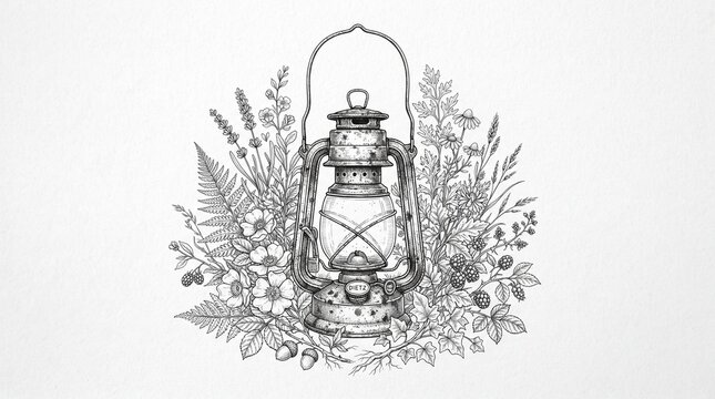 Vintage oil lantern surrounded by detailed botanical illustrations featuring wild herbs flowers and berries drawn in classic black ink engraving style on white paper