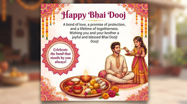 Happy bhai dooj greeting card with traditional pooja thali gifts and illustration