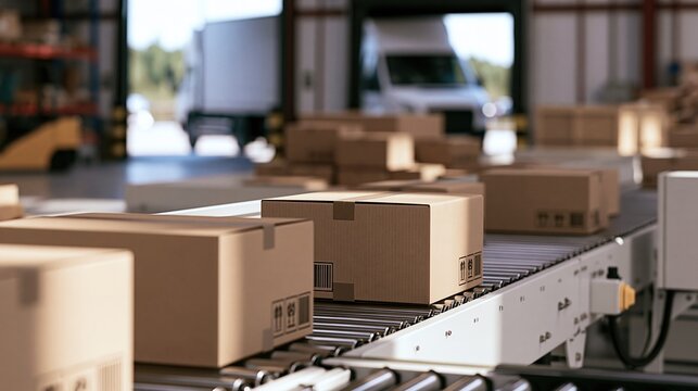 Cardboard boxes moving on a conveyor belt in a busy warehouse, ready for shipping and delivery