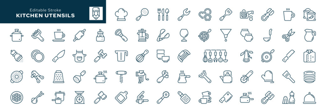 Kitchen utensils. Set of outline icons. Kitchenware, cook, cooking, crockery and more. Line icon in linear style. Vector collection	