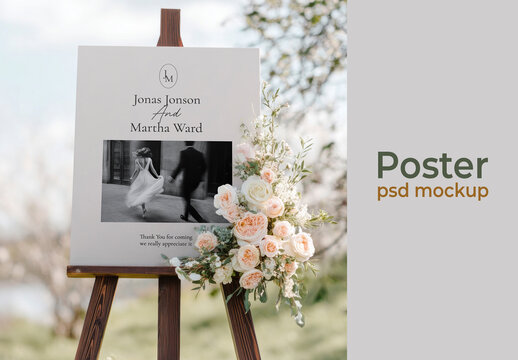 Elegant Poster Mockup PSD On Easel With Floral Decor And Wedding Invite