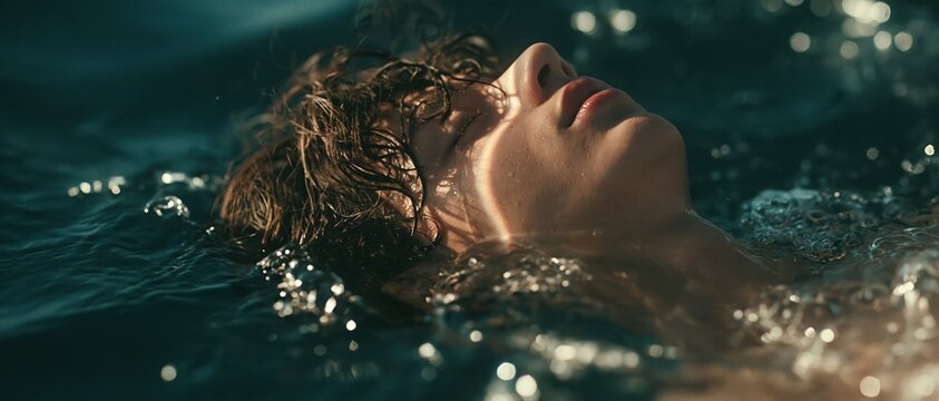 Close Up of a Person Floating Serene in Dark Water with Sunlight Reflections