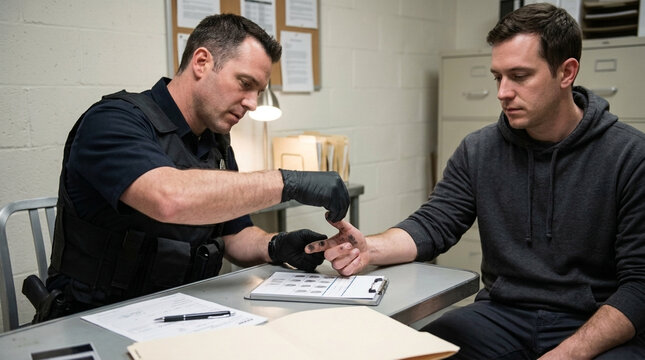 Police officer taking fingerprints from a suspect in a sterile interrogation room