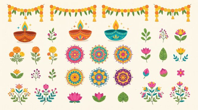 Diwali vector design elements featuring traditional oil lamps rangoli patterns marigold flower garlands and colorful botanical motifs for Hindu festival celebration illustration