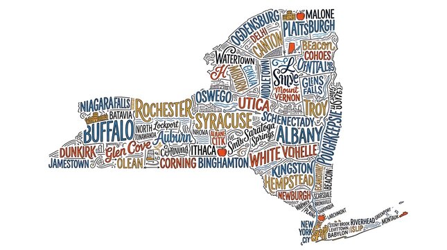 Colorful typography map of New York State made from city names text creative word cloud design background