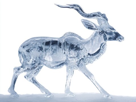 Transparent Crystal Antelope Figurine Isolated On A Pure White Background With Blue Tones