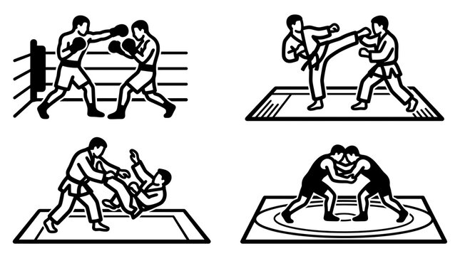 Set of four combat sports icons boxing, karate, wrestling and sumo, black white vector illustration