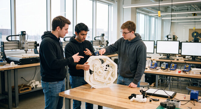 Students examining 3D printed objects in a makerspace laboratory