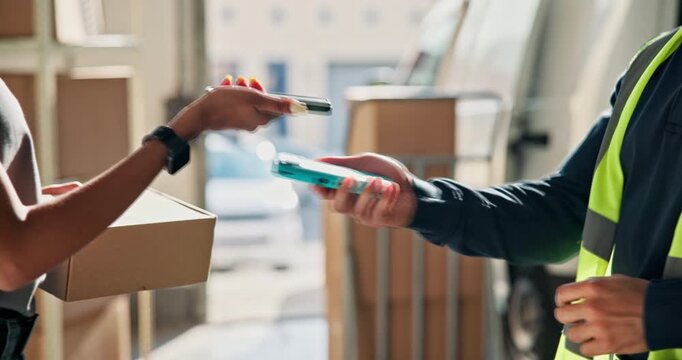 Delivery, phone and people with boxes, card machine and payment for courier service at depot. Pos, hands and workers with parcel, purchase and tip for shipping, distribution and logistics order