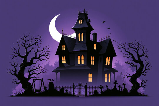 Haunted Victorian mansion with iron fence, swing set and crescent moon