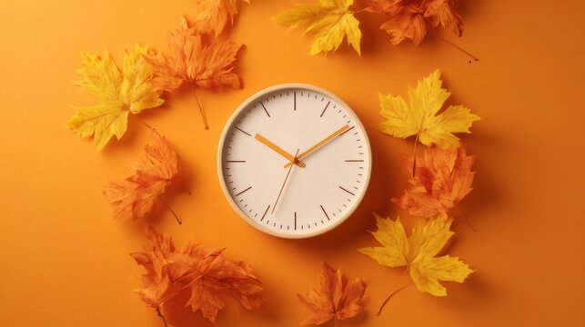 Autumn daylight saving time wall clock with maple leaves, fall season time change concept flat lay