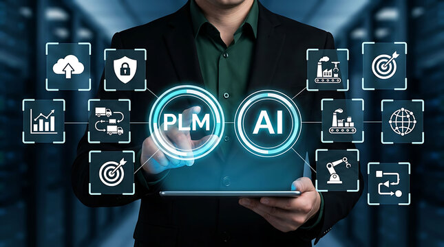 Businessman interacting with PLM and AI futuristic technology interface