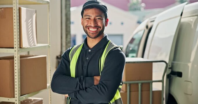 Laugh, face and delivery man by van with boxes, package and crossed arms for courier service. Happy, portrait and person with parcel, pride and about us for shipping, logistics and distribution
