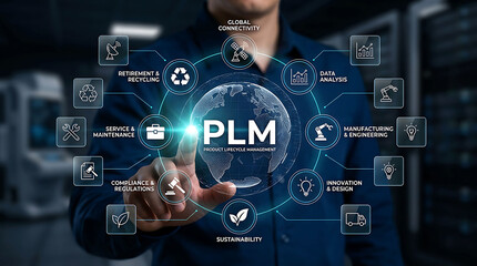 Obraz premium Businessman interacting with digital PLM globe and icons in a server room