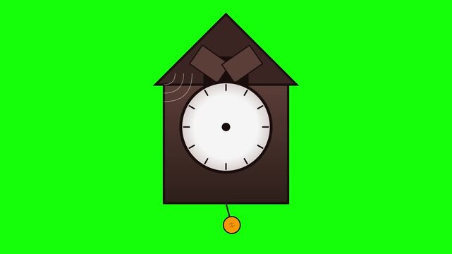 Cartoon Cuckoo Clock on Green Screen with Pendulum  Sound Waves  Time Concept.