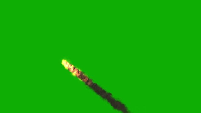Fire Stream with Black Smoke Tail Path on Green Screen Background, Flowing Fiery Effect for Action Scenes, Transitions, Compositing, Visual Effects and Production