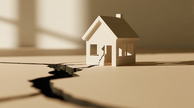 Miniature house precariously balanced on a deep crack in the earth, symbolizing disaster and home insecurity