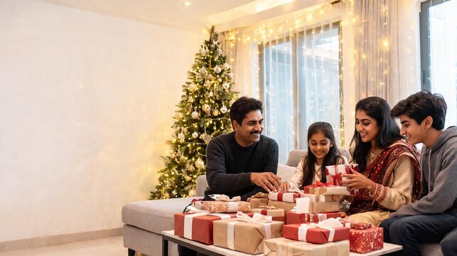 Indian Family Choosing Christmas Gifts Together at Home