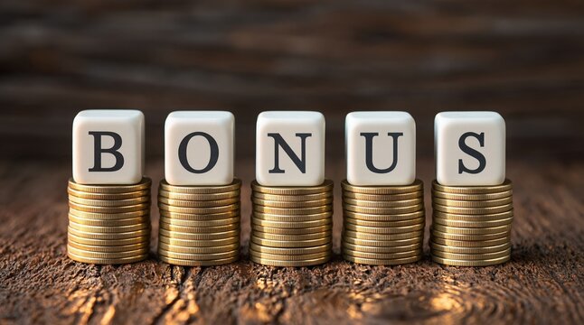 Five stacks of gold coins topped with white cubes spelling out BONUS, symbolizing financial reward and extra income