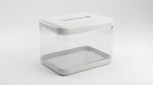 Clear plastic container with a light grey base and a slotted lid, suitable for a money box or ballot box.