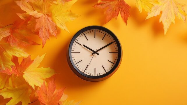 Autumn daylight saving time change concept, round wall clock on warm yellow background, vibrant autumn maple leaves border for seasonal time transition banner