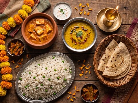 Traditional Indian feast with paneer curry dal rice and chapati arranged on wooden table
