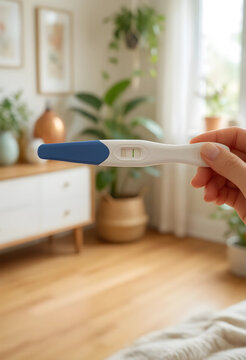 Pregnancy test with positive result, family planning and fertility concept, woman holding medical device for checking conception in bright home interior