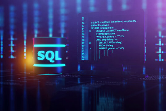 SQL database programming concept, neon glowing database cylinder, structured query language code on screen