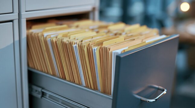 Organized filing cabinet drawer filled with manila folders, representing data management and record keeping