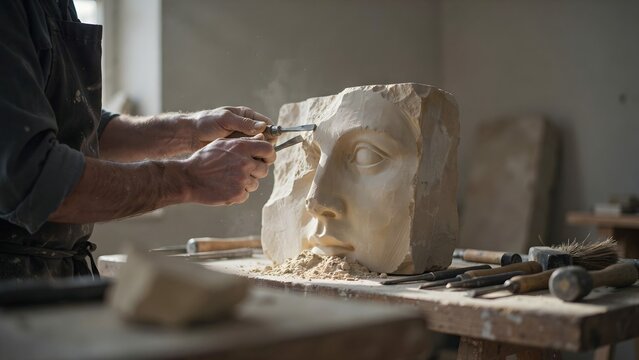 Sculptor carving detailed face into large marble block in studio workspace