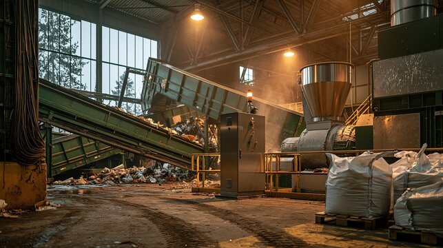 Industrial Recycling Facility with Conveyor Belt Processing Waste into Bales