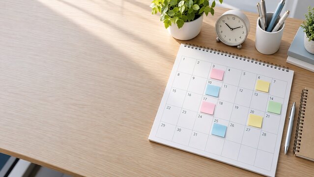 Monthly calendar with color coded reminders, pen and desk clock represents project scheduling, workflow planning, task management, business organization and team productivity.