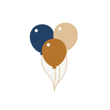 Three balloons in dark blue, beige, and brown