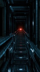 Fototapeta premium Futuristic Industrial Corridor with Red Light at the End, Vertical View