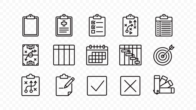 flat vector illustration line art icon bundle set design checklist document clipboard checkmark cross task chart report form plan management ui graphic element web app
