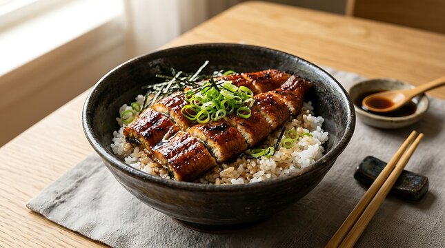 Delicious japanese grilled eel unagi don bowl with rice and green onions served on a wooden dining table. Nagoya rice bowl