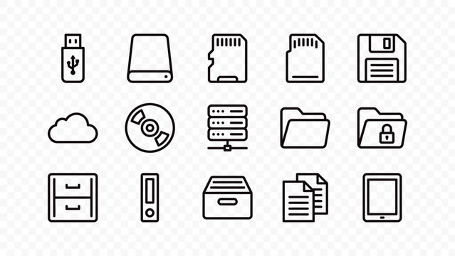flat vector illustration line art icon bundle set design data storage usb sd card floppy disk cd cloud server folder database technology ui graphic element web app