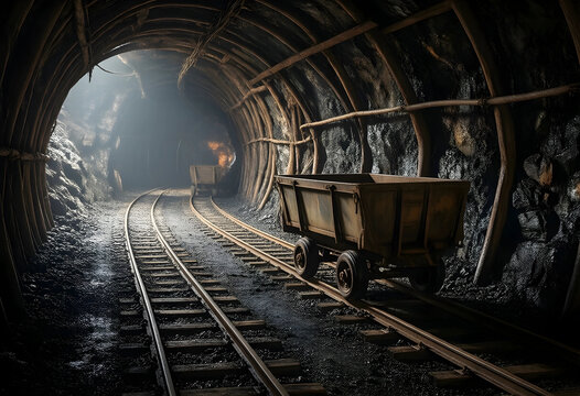 Mining industry and resource extraction, old coal mine tunnel with wooden supports and rusty ore cart on railway tracks in dark underground environment