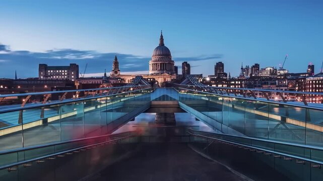 Millennium Bridge Leading Towards St Paul's Cathedral at Dusk in London